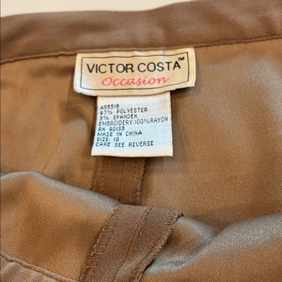 Victor Costa Tan with Brown & Burnt Orange Floral Embroidered 2 piece Pantsuit. - Picture 10 of 16